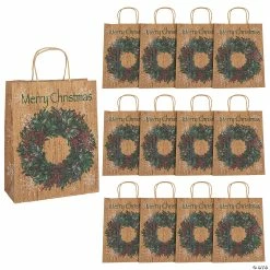 Buy 😉 10" x 4 1/2" x 12 3/4" Large Holiday Wreath Kraft Paper Gift Bags - 12 Pc. 🧨