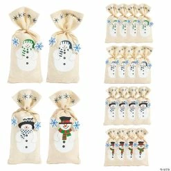 Discount π 3 3/4" x 9" Large Painted Snowman Canvas Drawstring Treat Bags - 12 Pc. π