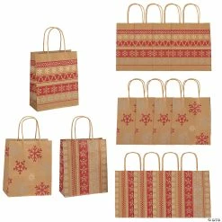 Discount 💯 7 1/4" x 9" Medium Red & White Nordic Print Kraft Paper Gift Bags - 12 Pc. ⭐